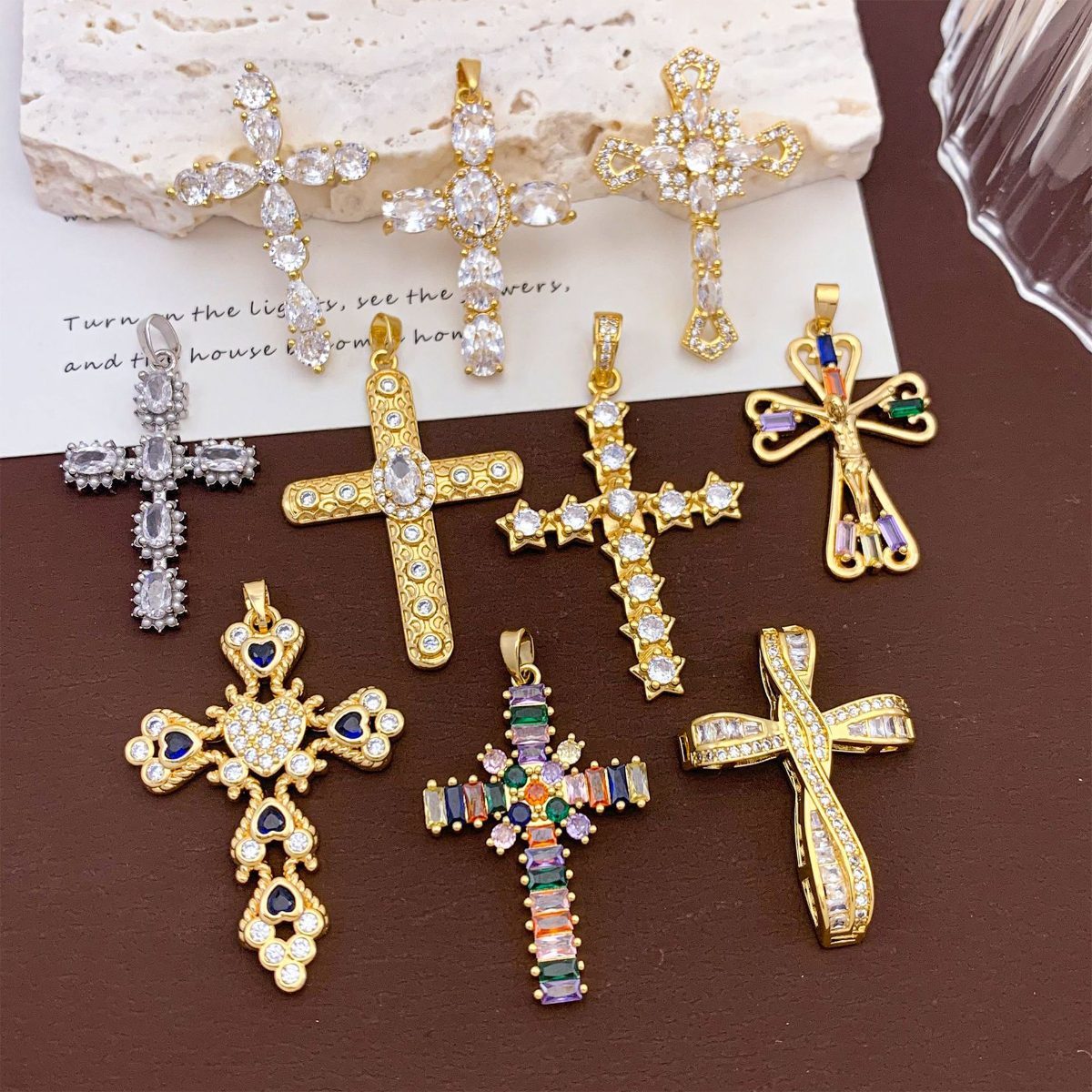 Colorful Zircon Geometric Cross Pendant